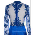 Blue Satin High Neck Dubai Simple and Beautiful Lace Applique Evening Dress with Long Illusion Sleeves